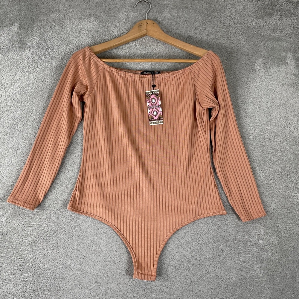Boohoo Bodysuit Womens Small Peach Jumbo Rib Off The Shoulder Petite Minimalist